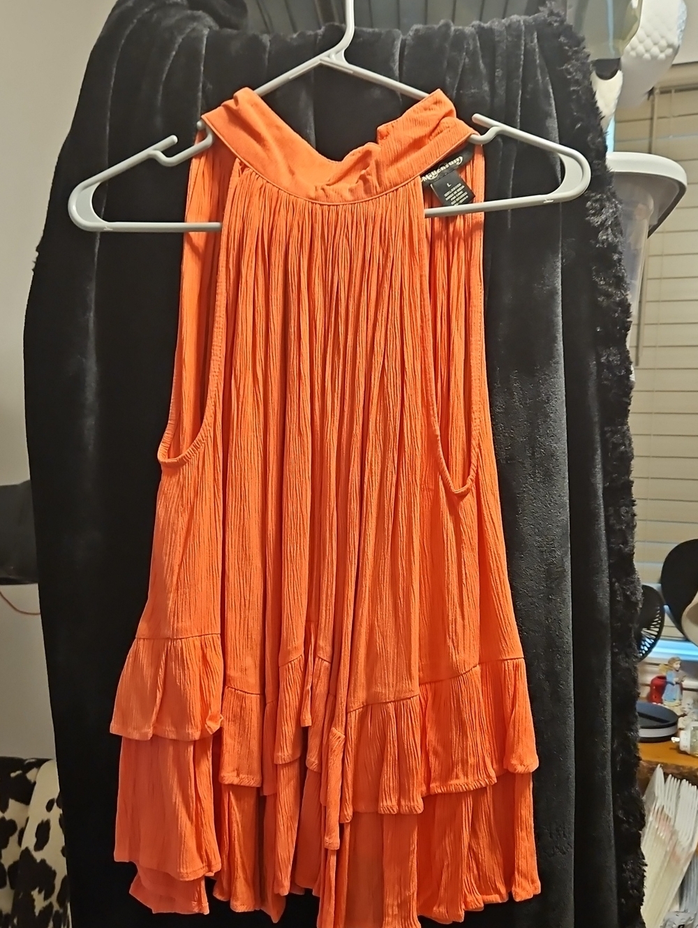 Women's Orange Pleated Halter Tank Top